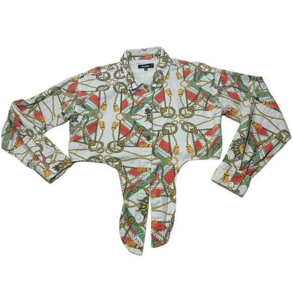 MissGuided womans sz 6 cotton Cropped White Denim Jean Tie Jacket Sun Chain - Picture 3 of 12